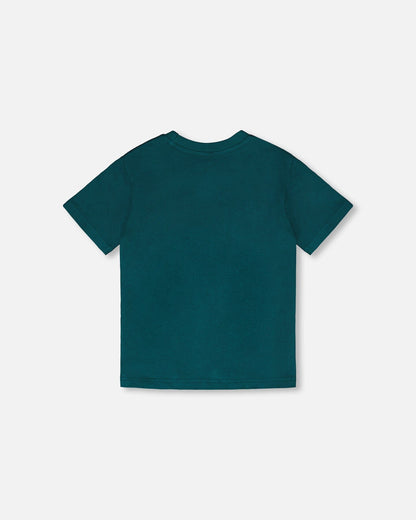 Organic Cotton Jersey T-Shirt With Print Dark Turquoise